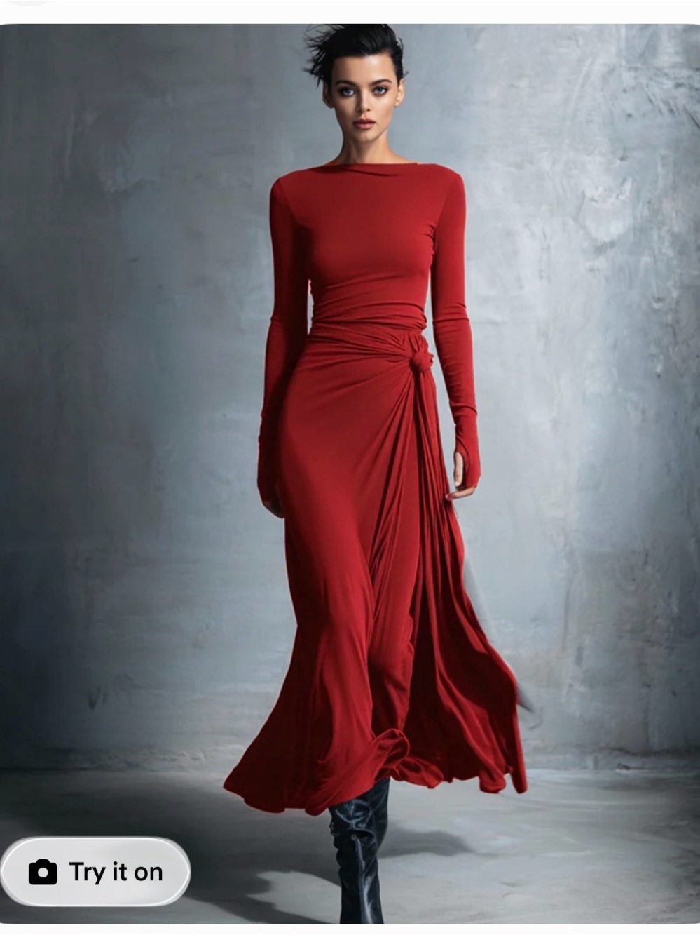 Modesees Elegant Long-Sleeve Red Maxi Dress with Side Knot